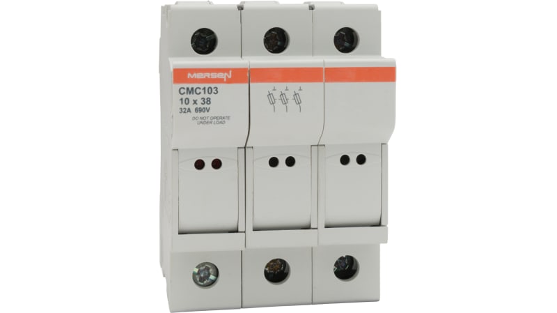 Mersen 32A Rail Mount Fuse Holder for 10 x 38mm Fuse, 3P, 690 → 1000V ac/dc